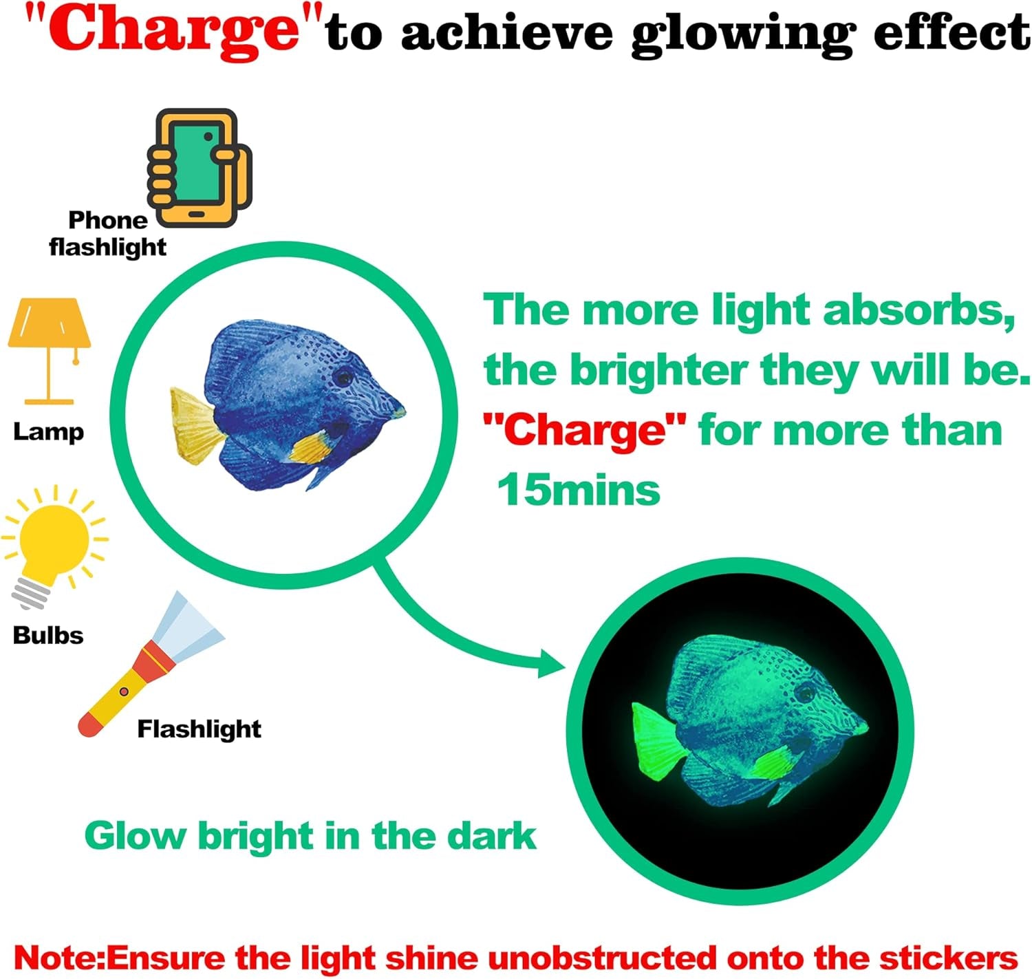 Ocean Fish Wall Decals,Glow in the Dark under the Sea Wall Decals Vinyl Sea Life Wall Stickers Removable Waterproof Peel and Stick for Boys Kids Bathroom Watercolor Ocean Creatures Decor (Green)