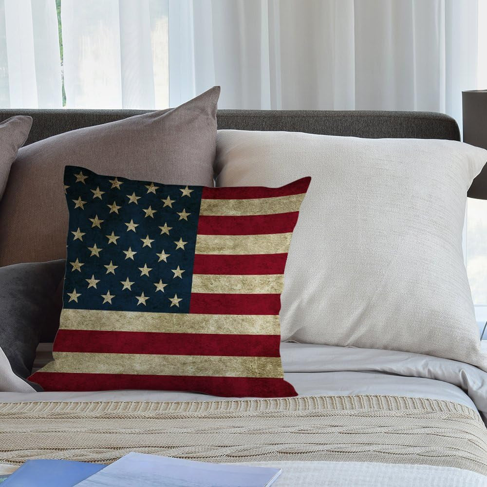 Vintage American Flag Pillow,Usa Flag Throw Pillow Cotton Linen Square Cushion Cover Standard Pillowcase for Men Women Home Decorative Sofa Armchair Bedroom Livingroom 18X18 Inch