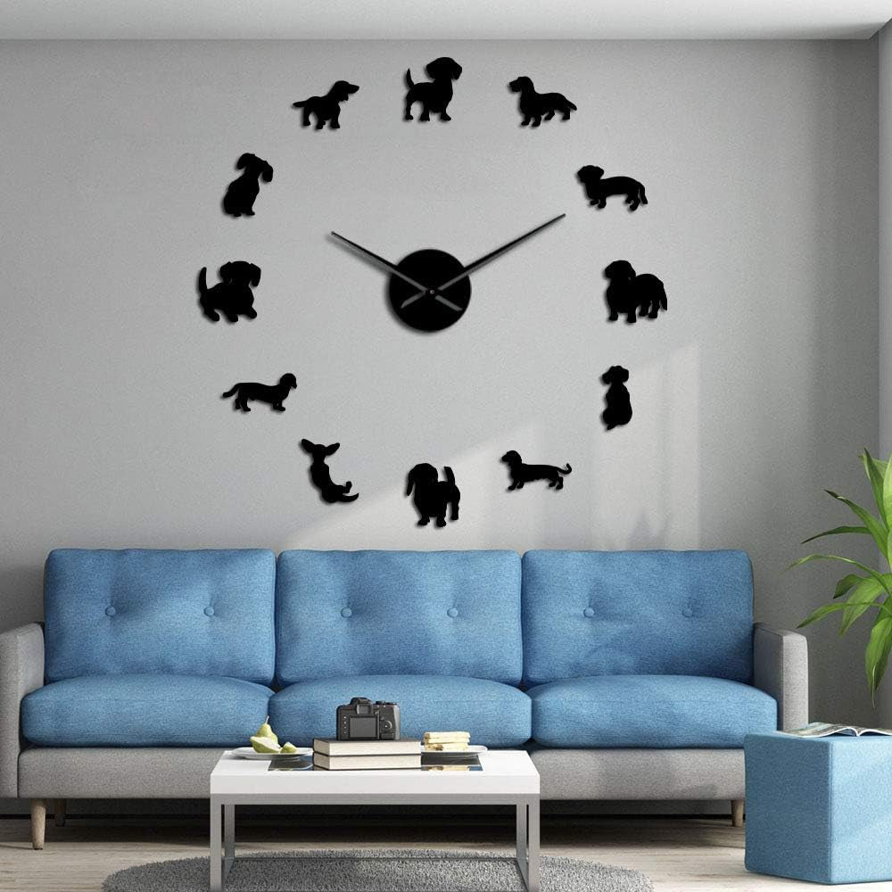 DIY Dachshund Wall Art Wiener-Dog Puppy Dog Pet Frameless Giant Wall Clock with Mirror Effect Sausage Dog Large Clock Wall Watch(Black)
