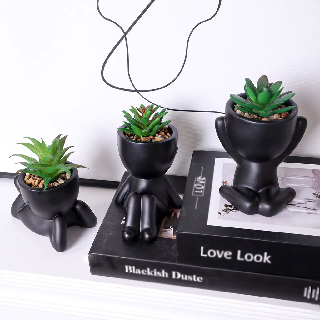 Artificial Aloe Potted Plant Black Miniature Character Pot Fake Potted Plant Wholesale PE Material Home Decoration