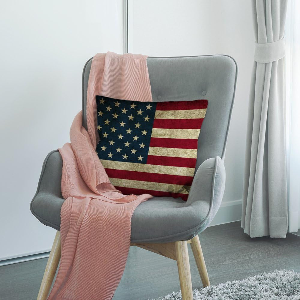 Vintage American Flag Pillow,Usa Flag Throw Pillow Cotton Linen Square Cushion Cover Standard Pillowcase for Men Women Home Decorative Sofa Armchair Bedroom Livingroom 18X18 Inch