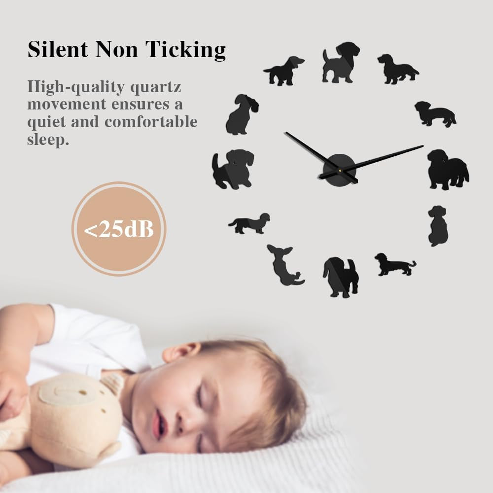 DIY Dachshund Wall Art Wiener-Dog Puppy Dog Pet Frameless Giant Wall Clock with Mirror Effect Sausage Dog Large Clock Wall Watch(Black)