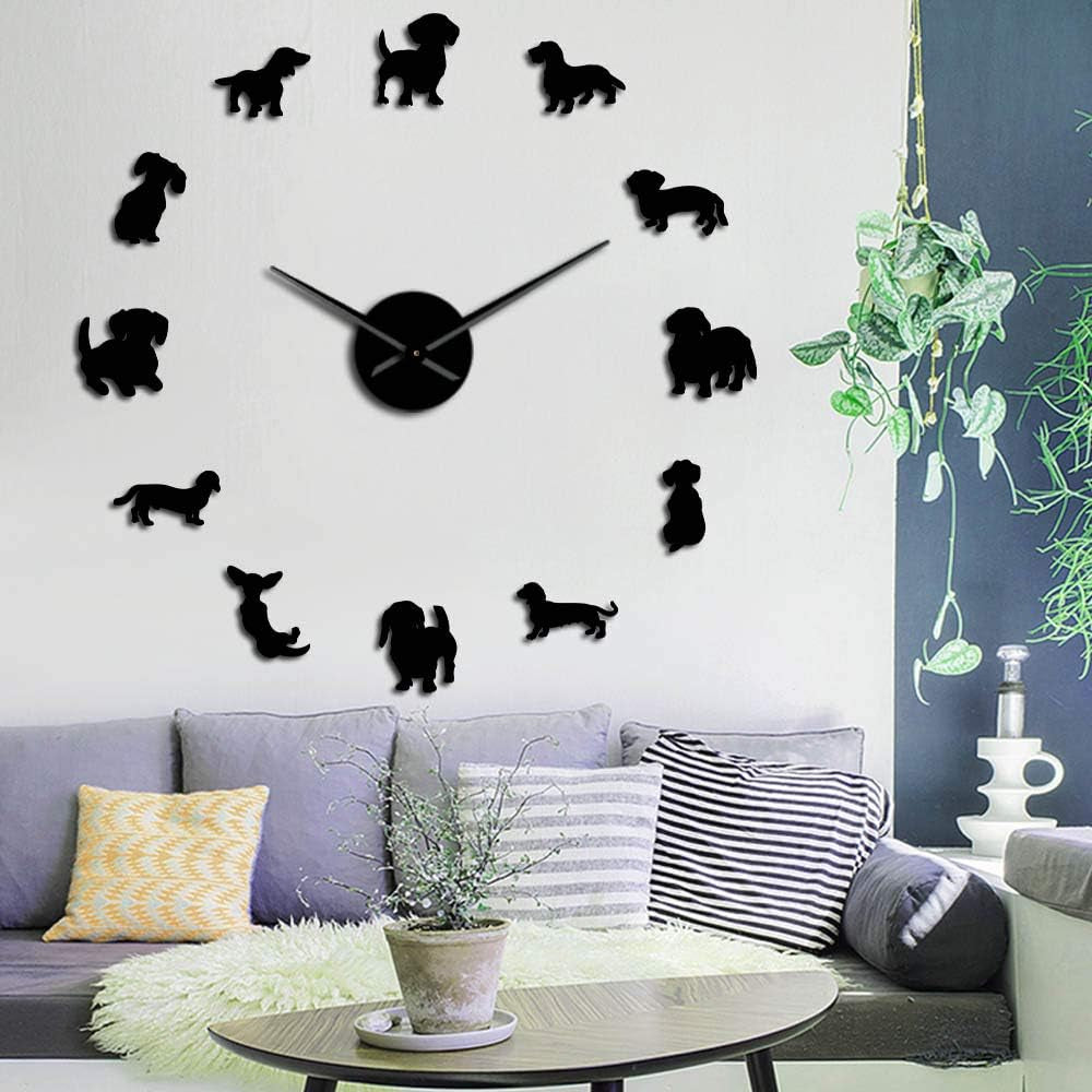 DIY Dachshund Wall Art Wiener-Dog Puppy Dog Pet Frameless Giant Wall Clock with Mirror Effect Sausage Dog Large Clock Wall Watch(Black)