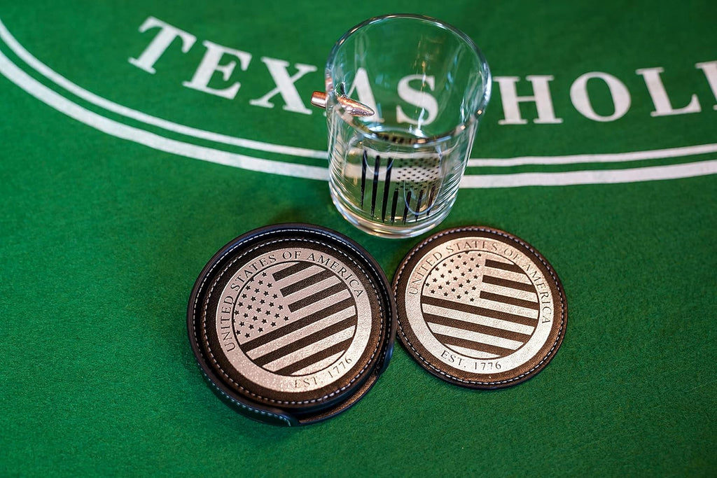Premium American Flag Leather Coasters Set with Foil Stamped Logo - 4 USA Drink Coasters for Home, Bar Office | Flag Leather Coasters