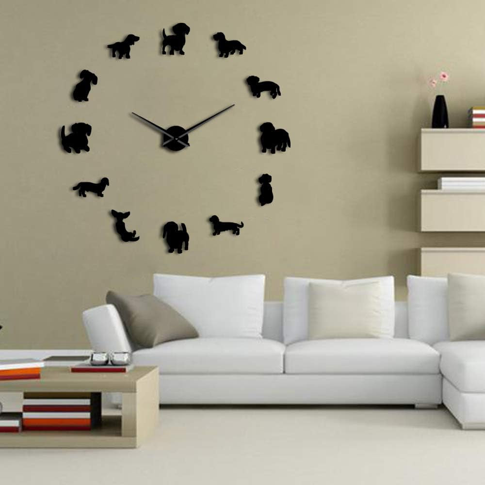 DIY Dachshund Wall Art Wiener-Dog Puppy Dog Pet Frameless Giant Wall Clock with Mirror Effect Sausage Dog Large Clock Wall Watch(Black)