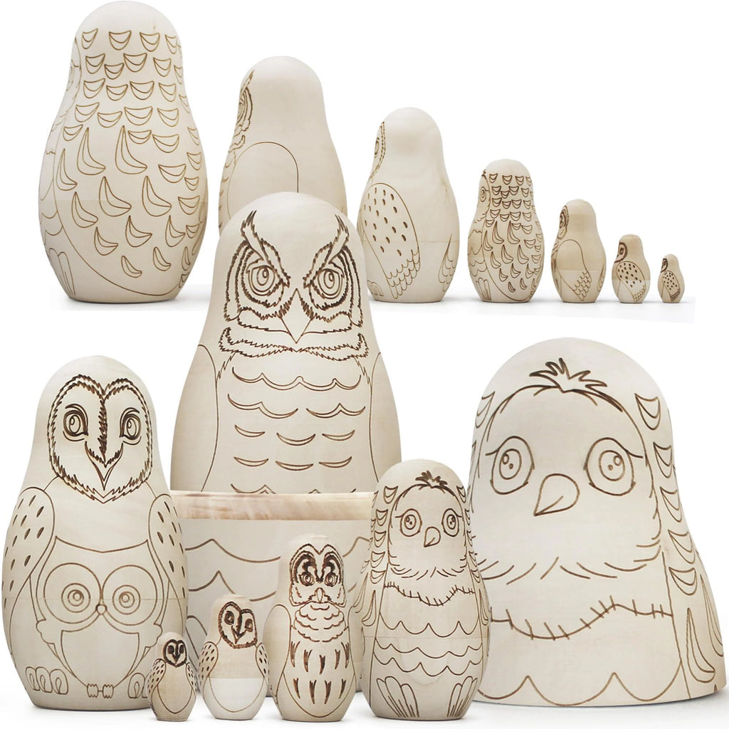 Owl Craft Blank Russian Nesting Dolls Set 7 Pcs Unfinished Wood Crafts Paint