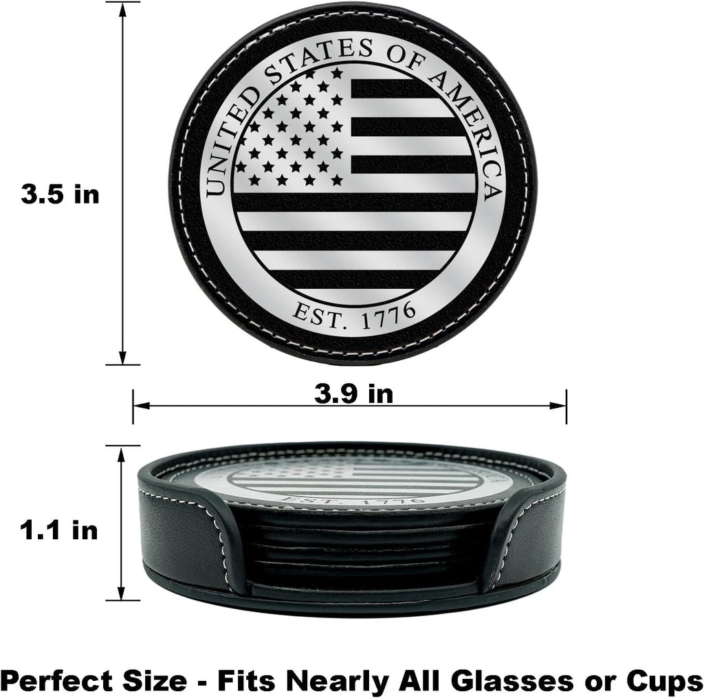 Premium American Flag Leather Coasters Set with Foil Stamped Logo - 4 USA Drink Coasters for Home, Bar Office | Flag Leather Coasters