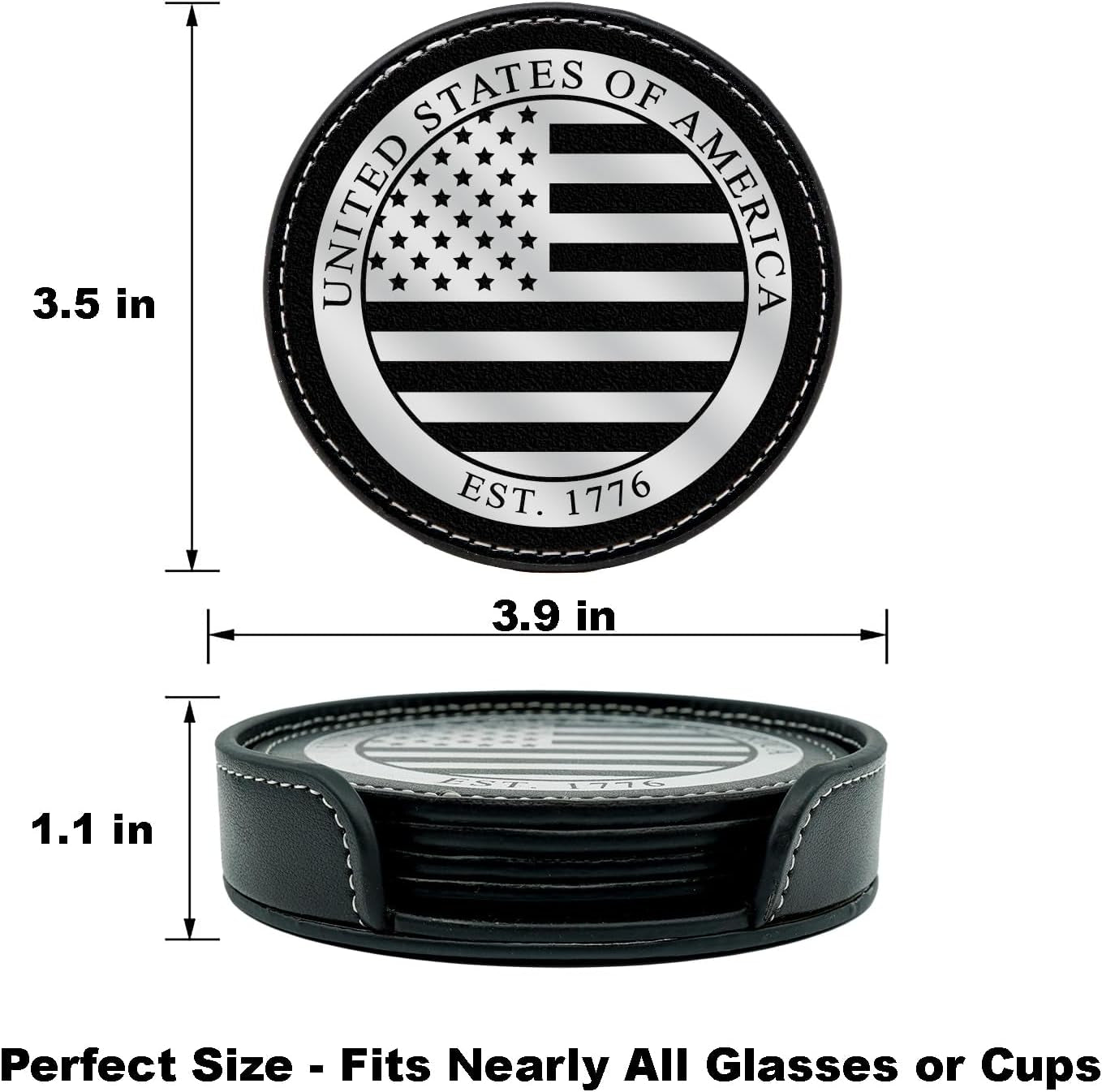 Premium American Flag Leather Coasters Set with Foil Stamped Logo - 4 USA Drink Coasters for Home, Bar Office | Flag Leather Coasters