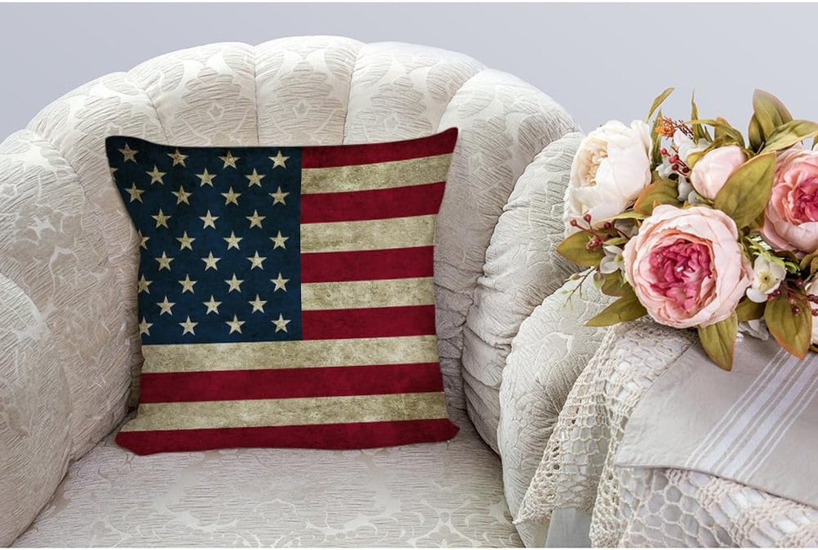 Vintage American Flag Pillow,Usa Flag Throw Pillow Cotton Linen Square Cushion Cover Standard Pillowcase for Men Women Home Decorative Sofa Armchair Bedroom Livingroom 18X18 Inch
