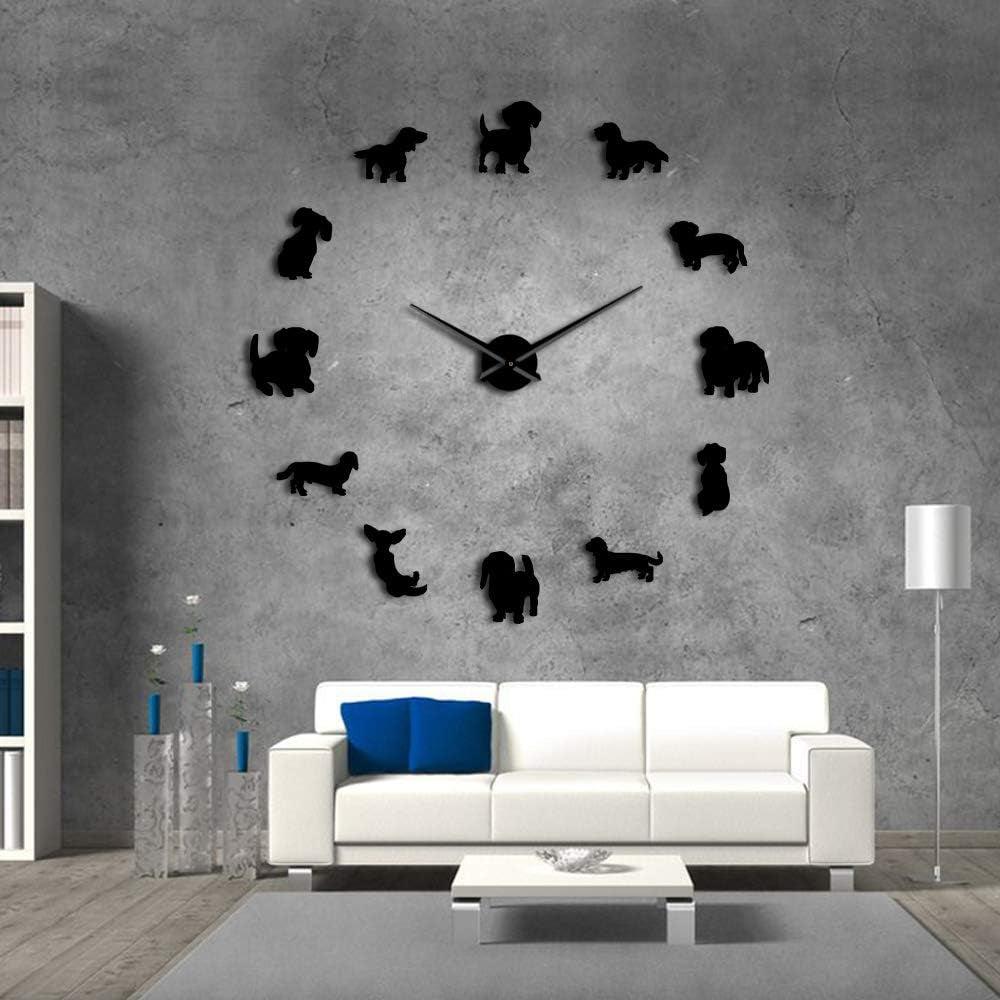 DIY Dachshund Wall Art Wiener-Dog Puppy Dog Pet Frameless Giant Wall Clock with Mirror Effect Sausage Dog Large Clock Wall Watch(Black)