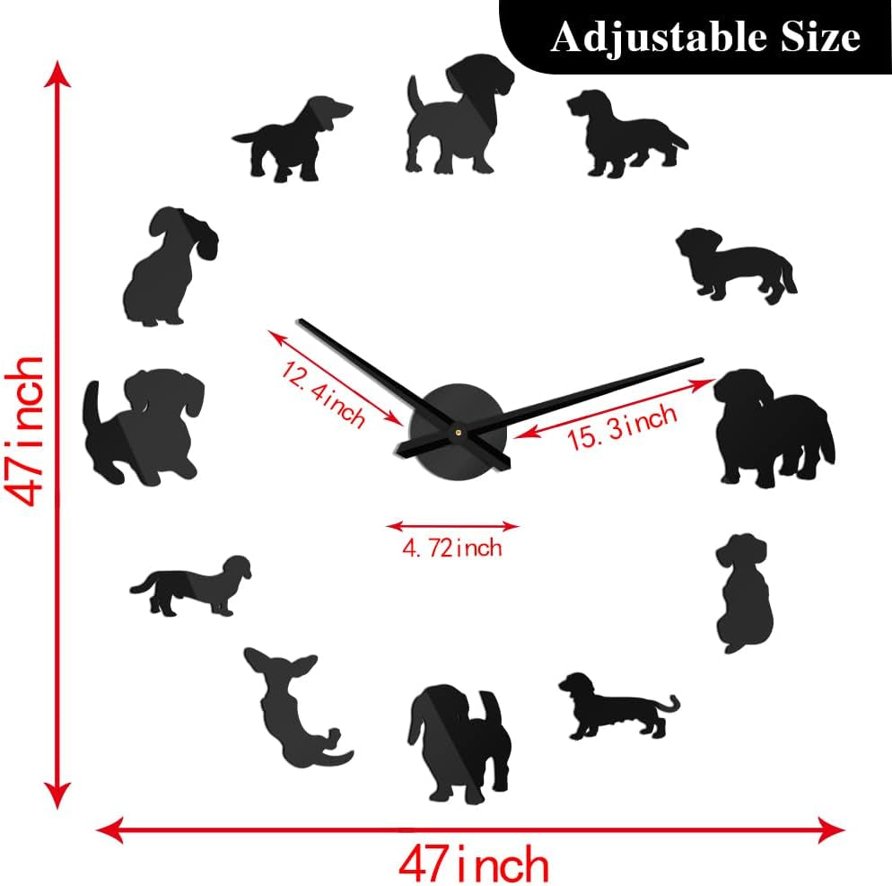 DIY Dachshund Wall Art Wiener-Dog Puppy Dog Pet Frameless Giant Wall Clock with Mirror Effect Sausage Dog Large Clock Wall Watch(Black)