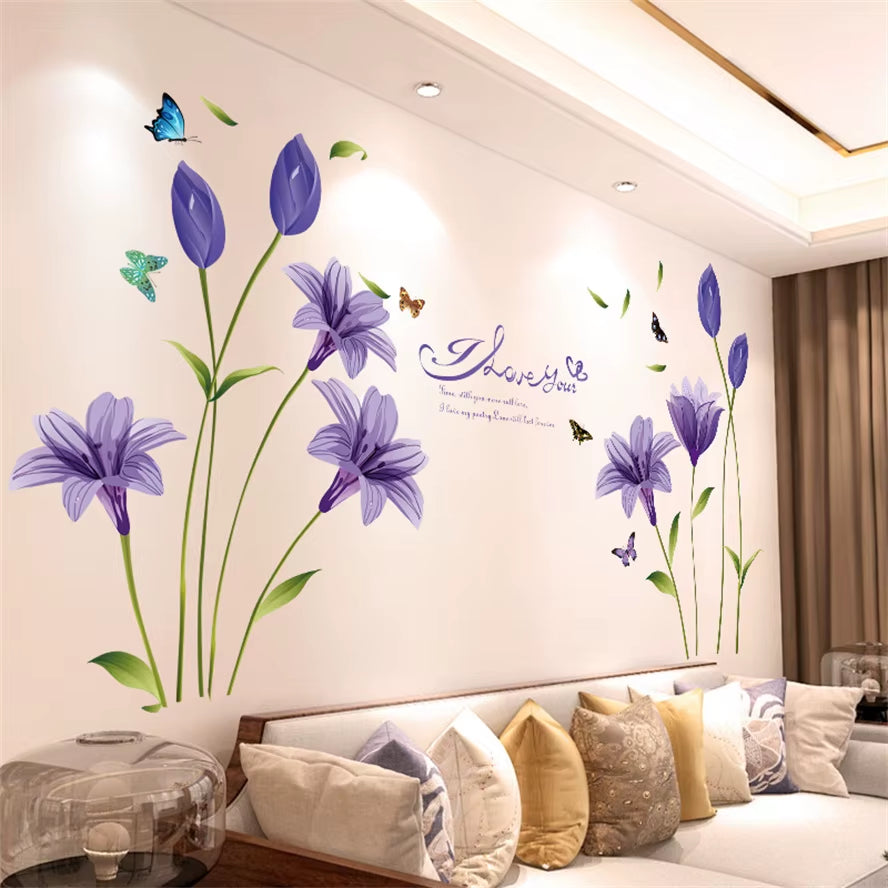 DIY Purple Lavender Living Room Wall Stickers Decor Self-Adhesive Flowers Butterfly Wall Decals Mural Bedroom Home Decorations