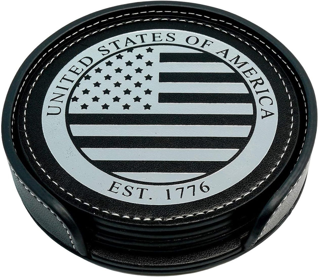 Premium American Flag Leather Coasters Set with Foil Stamped Logo - 4 USA Drink Coasters for Home, Bar Office | Flag Leather Coasters