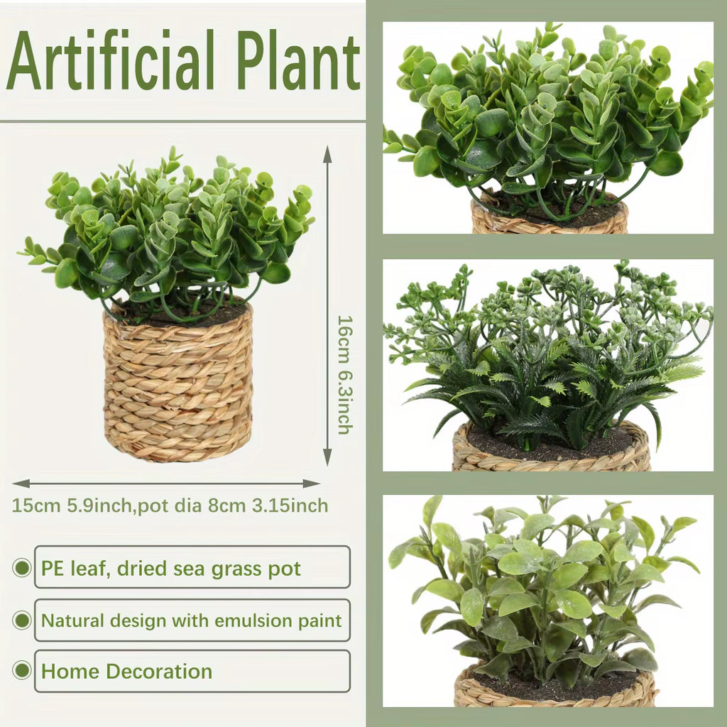 Green Artificial Plants Eucalyptus Flowers Woven Small Potted Plants Fern Grass Tuft 17Cm PE Material Home Decor