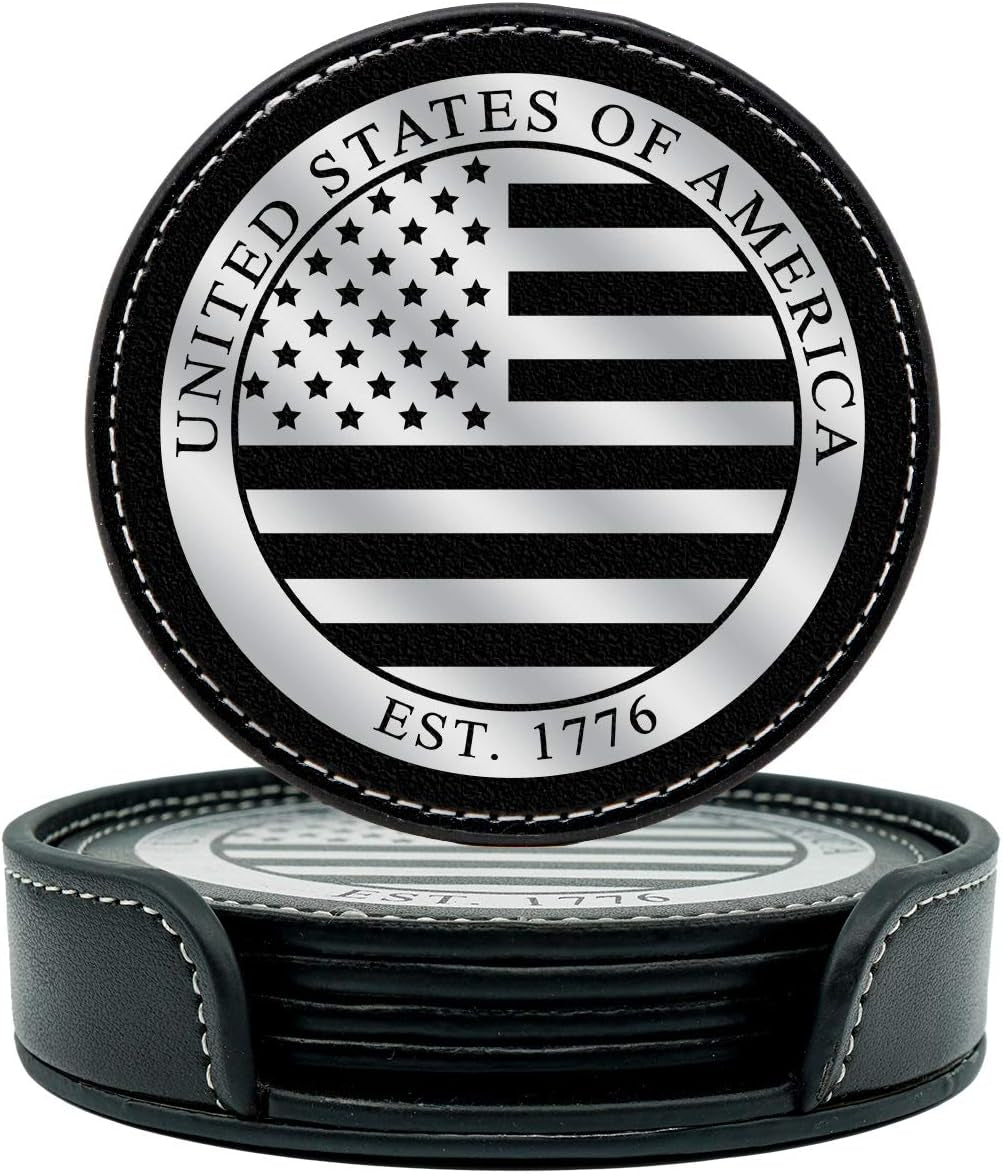 Premium American Flag Leather Coasters Set with Foil Stamped Logo - 4 USA Drink Coasters for Home, Bar Office | Flag Leather Coasters