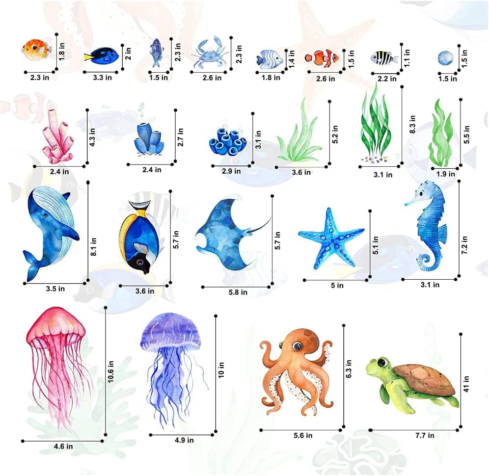 Ocean Fish Wall Decals,Glow in the Dark under the Sea Wall Decals Vinyl Sea Life Wall Stickers Removable Waterproof Peel and Stick for Boys Kids Bathroom Watercolor Ocean Creatures Decor (Green)