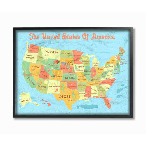 11 In. X 14 In. "United States of America USA Kids Map" by Daphne Polselli Wood Framed Wall Art